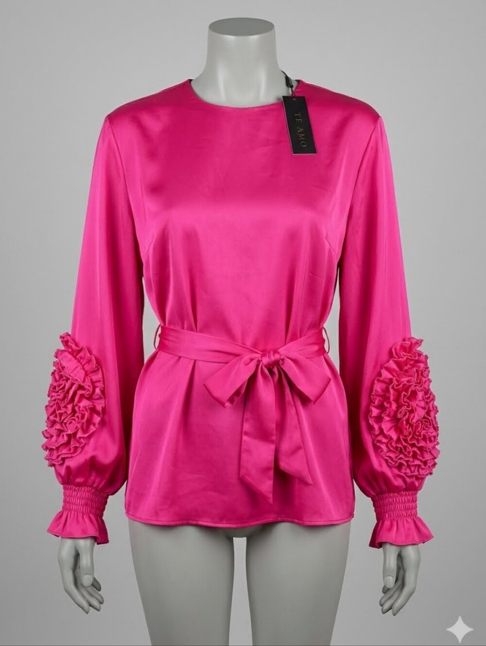 TE AMO Fuchsia Applique 3D Ruffle Sleeve Belted Blouse Size 44EU (US 12/14) New